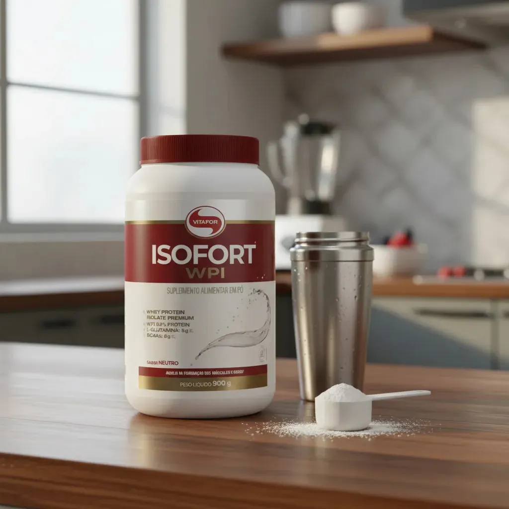 Pote de 900g do Isofort Neutro Vitafor com o pó do whey isolado