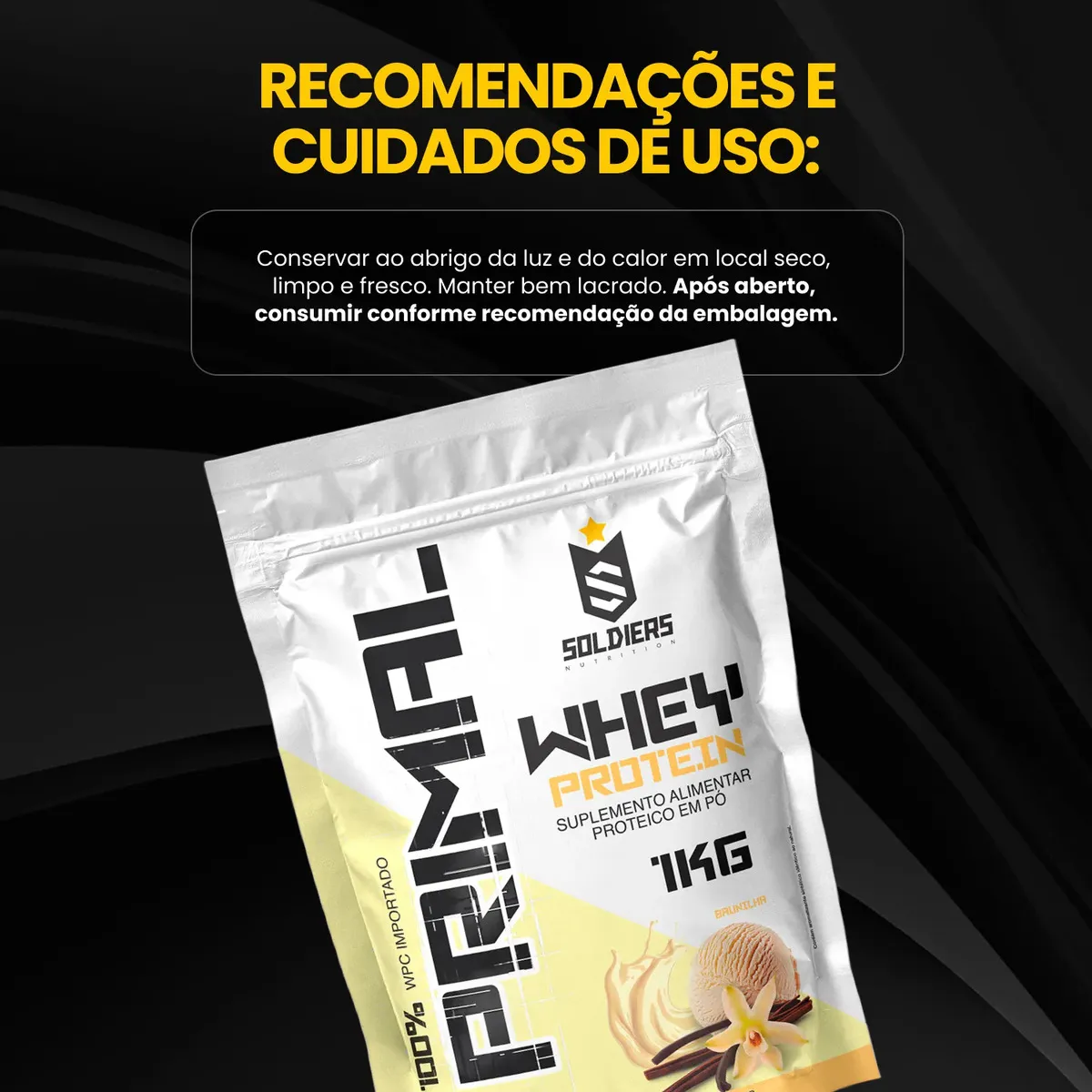 Whey Protein Primal Soldiers Nutrition, ângulo alternativo da embalagem de 1kg