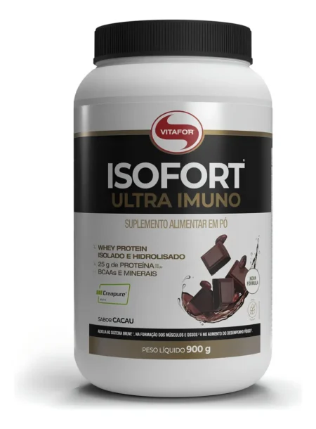 Isofort Ultra Imuno Vitafor é Bom? Análise Completa do Whey com Creatina Pote de Whey Protein Vitafor Isofort Ultra Imuno 900g sabor Cacau