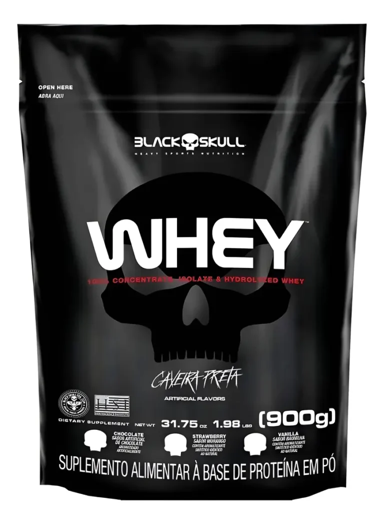 Whey Caveira Preta Black Skull é bom? Veja se a porção de 25 g compensa Refil Whey Black Skull Caveira Preta sabor Chocolate 900g
