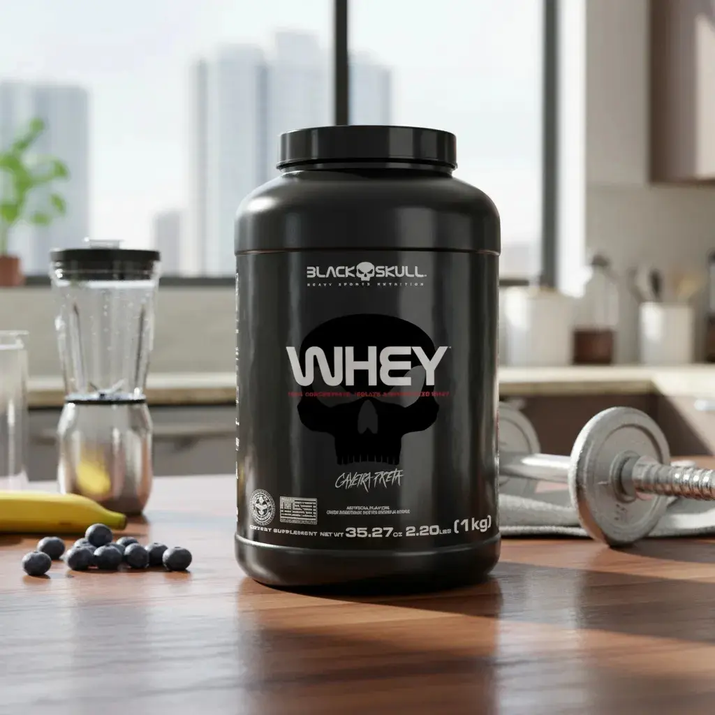 Whey Black Skull Caveira Preta Chocolate, vista lateral do refil