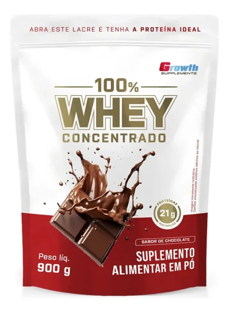 100% Whey Concentrado Growth é bom? Análise completa Whey Protein Growth 100% Concentrado, pote 900g sabor chocolate