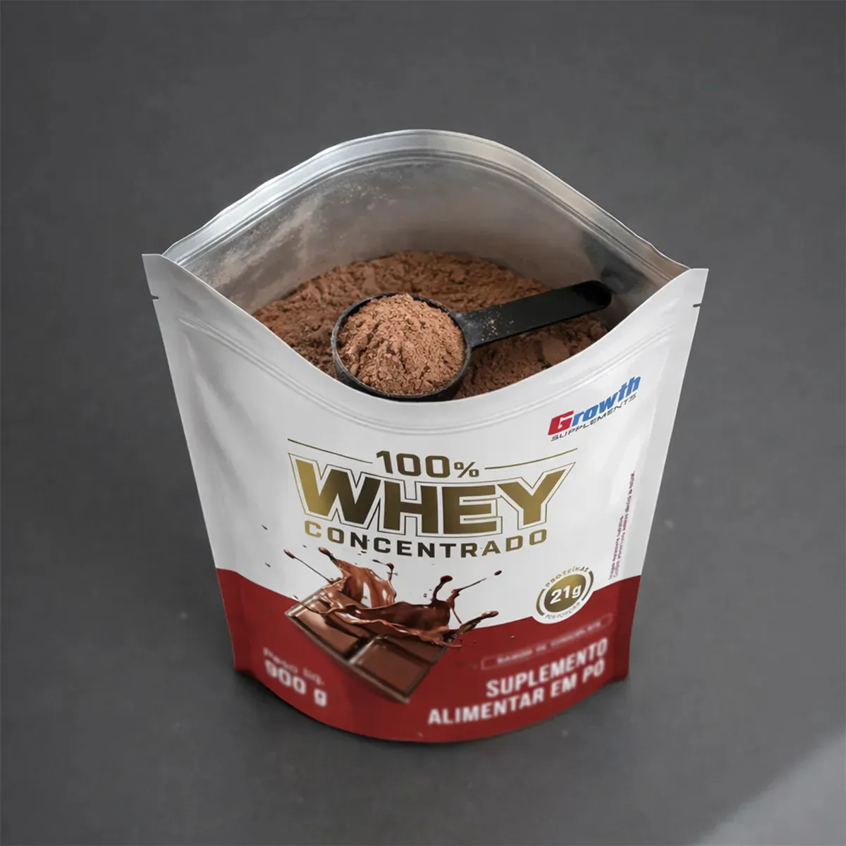 100% Whey Concentrado Growth Supplements, pote 900g, vista lateral
