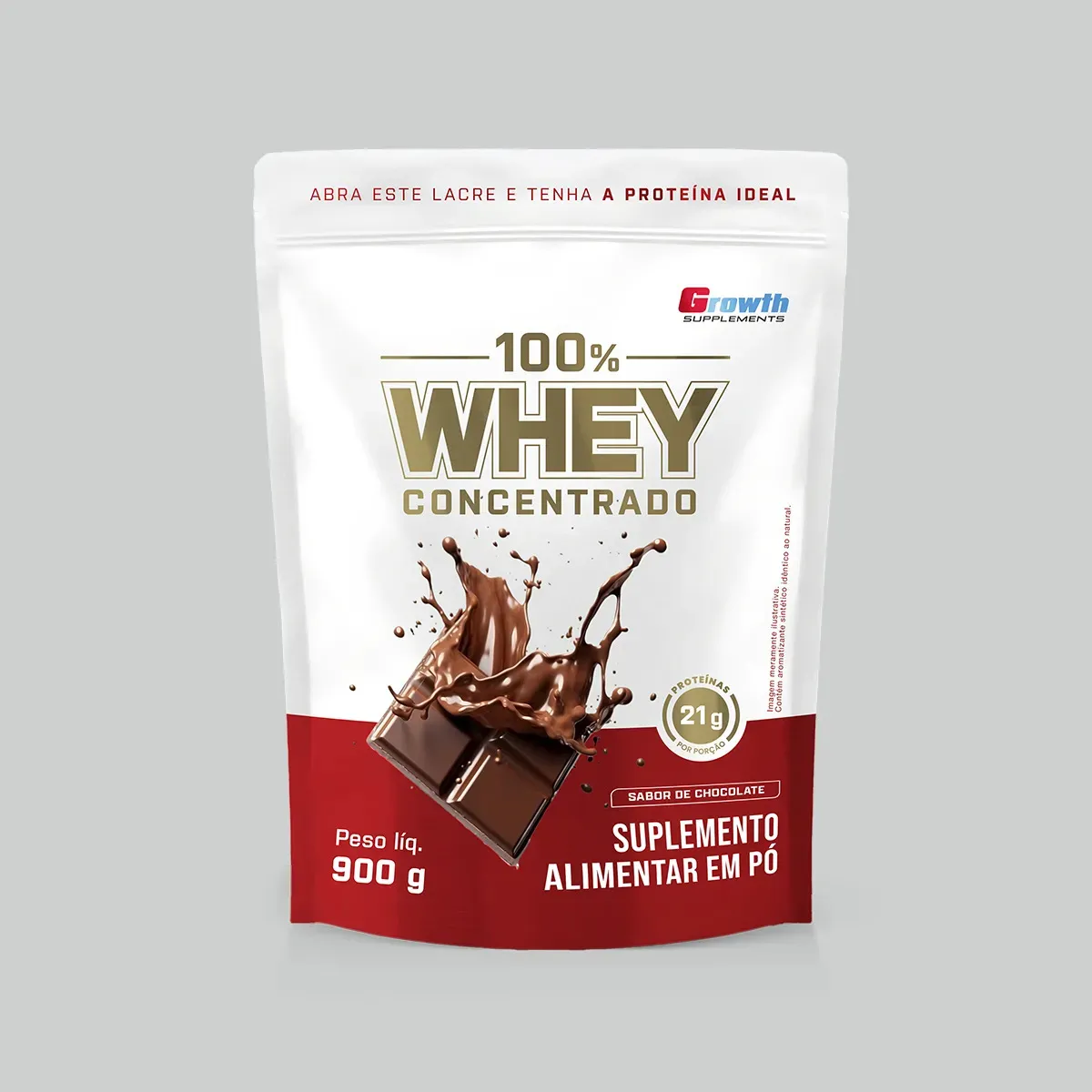 100% Whey Concentrado Growth Supplements, pote 900g, detalhe do rótulo