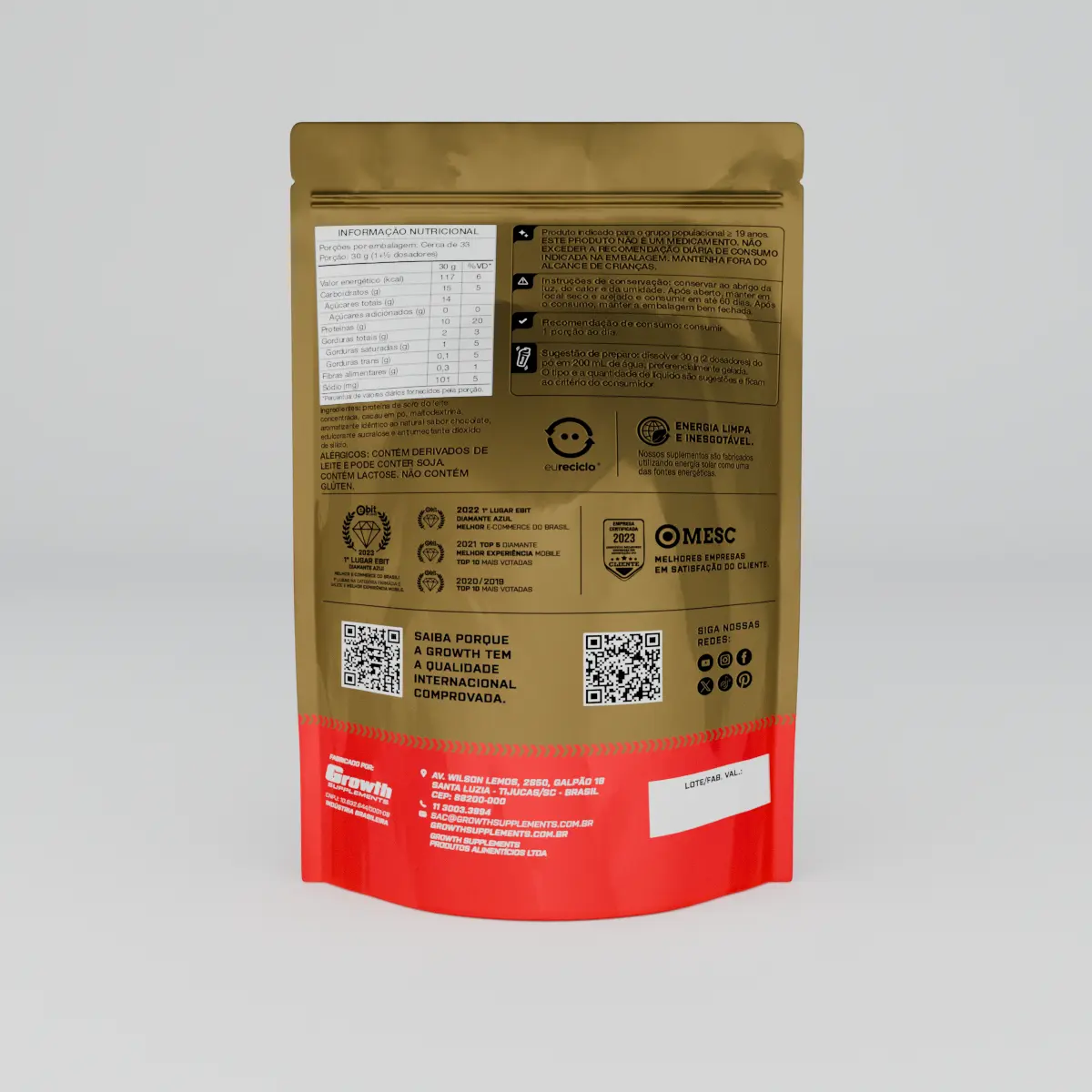 Basic Whey Growth Supplements, embalagem 1kg, detalhe do rótulo