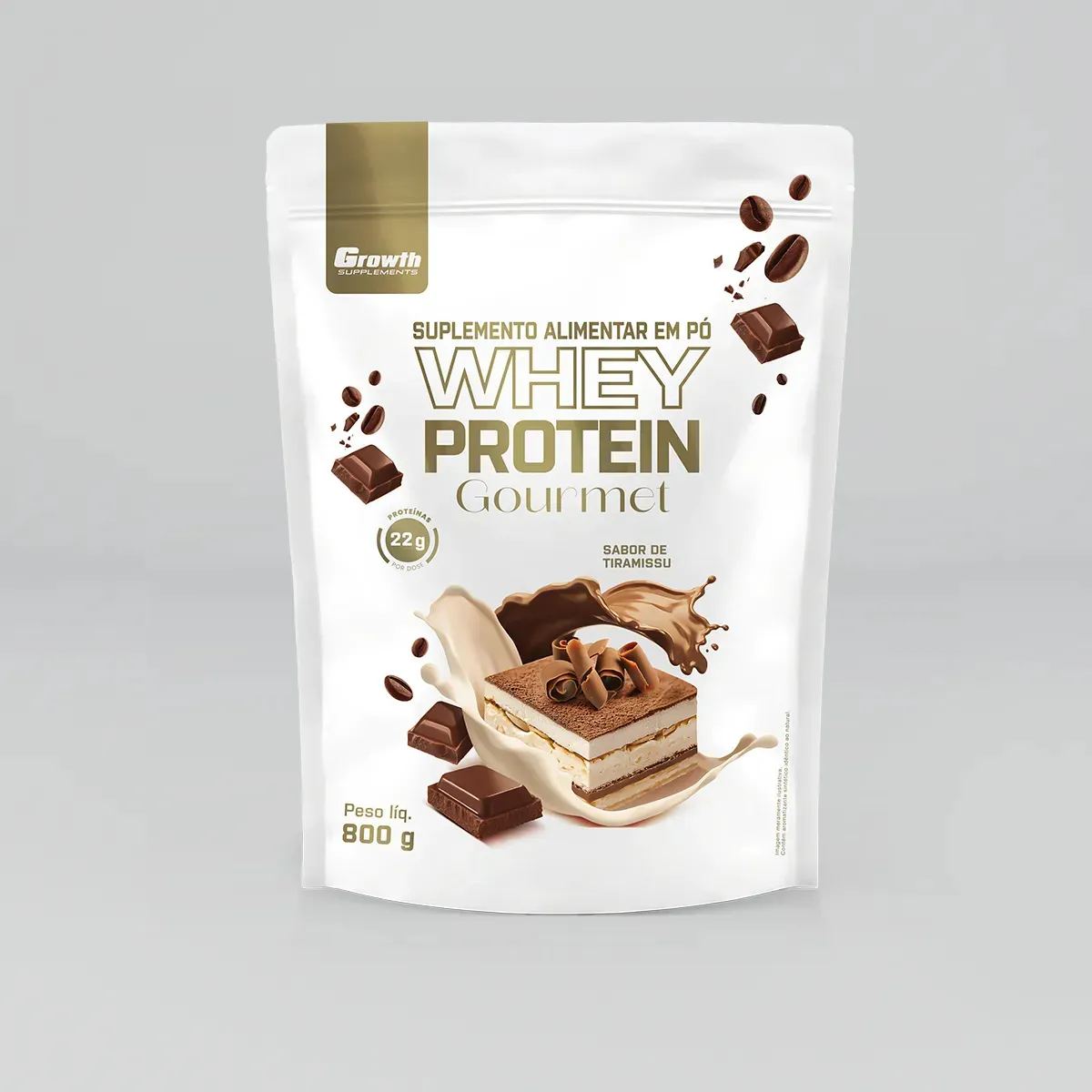 Whey Gourmet Growth Supplements, pote 800g, detalhe do rótulo
