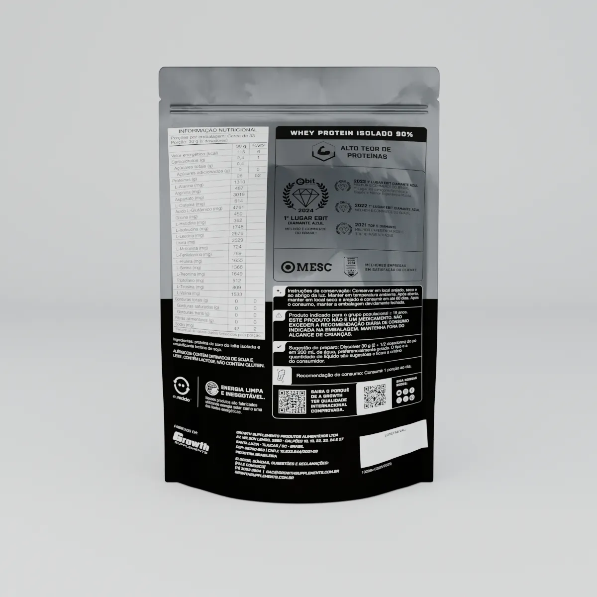 Whey Protein Isolado Growth Supplements, pote 1kg, detalhe do rótulo