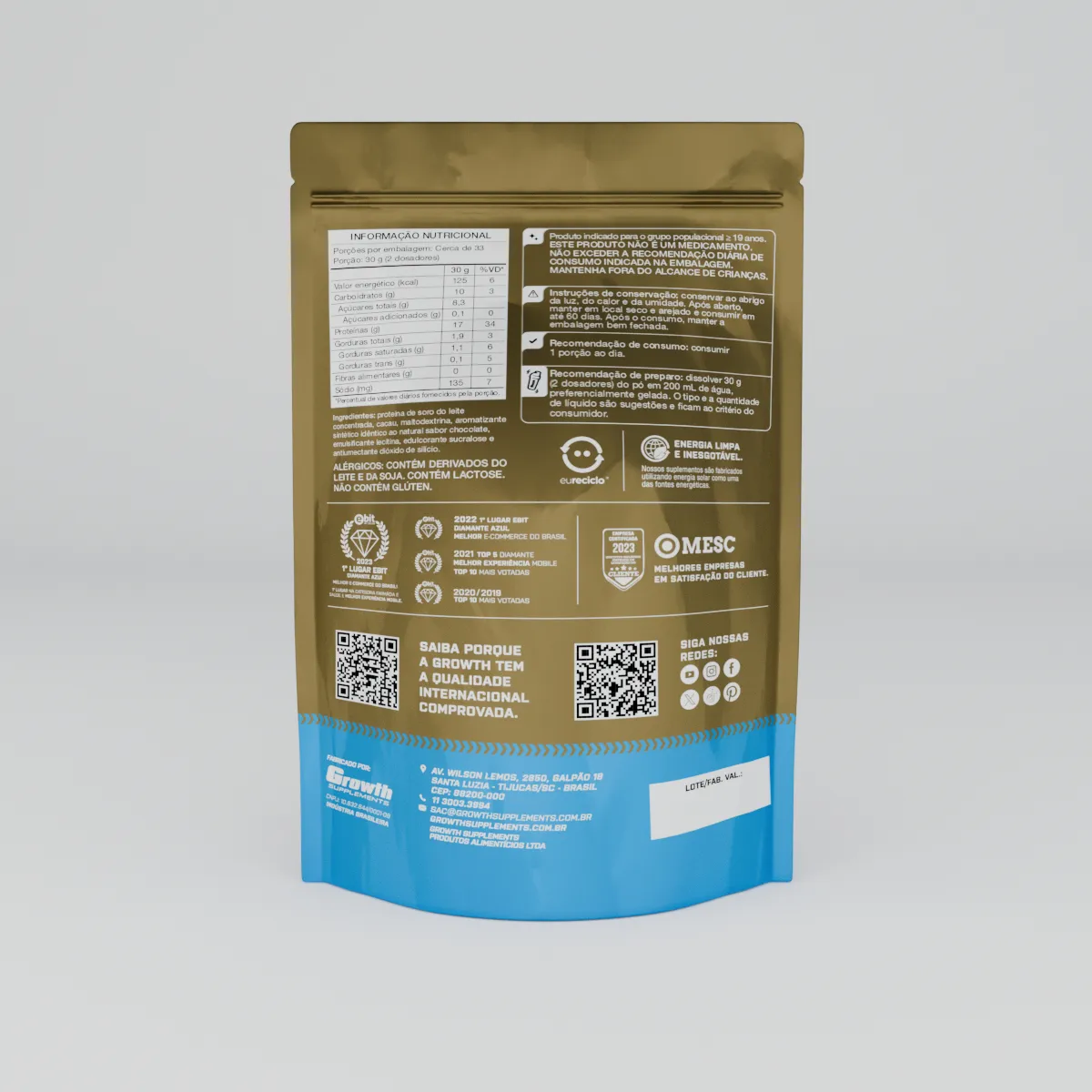 Medium Whey Growth Supplements, pote 1kg, detalhe do rótulo