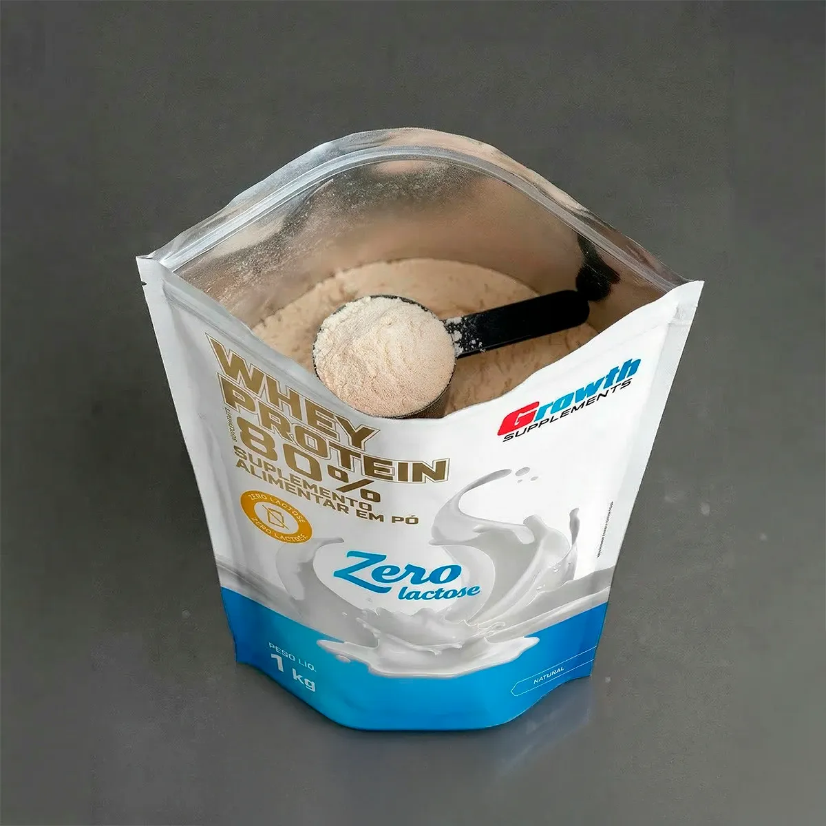 Whey Protein Concentrado Zero Lactose Growth Supplements 1kg, detalhe do rótulo