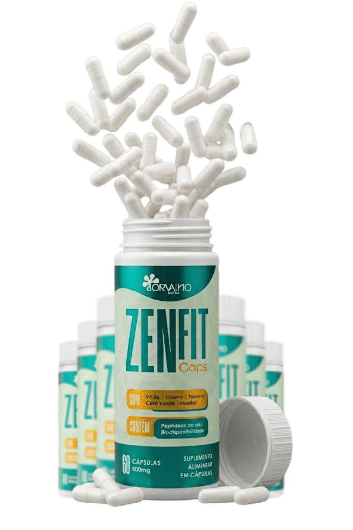 Frasco do suplemento Zenfit Caps da Orvalho Nutra com capsulas caindo, suplemento alimentar para emagrecimento